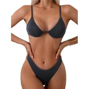Women Underwire Triangle Bikini Spaghetti Strap Push Up‎ Swimsuit Dark Grey